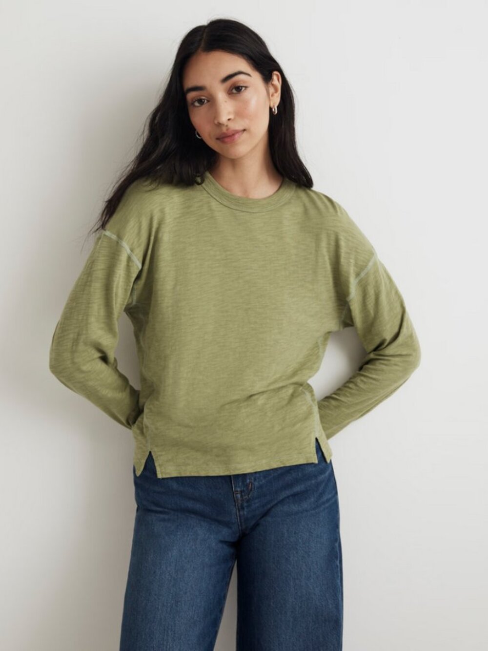 Madewell Sz. M Faded Fern 100% Organic Cotton Slub Relaxed Long-Sleeve Tee